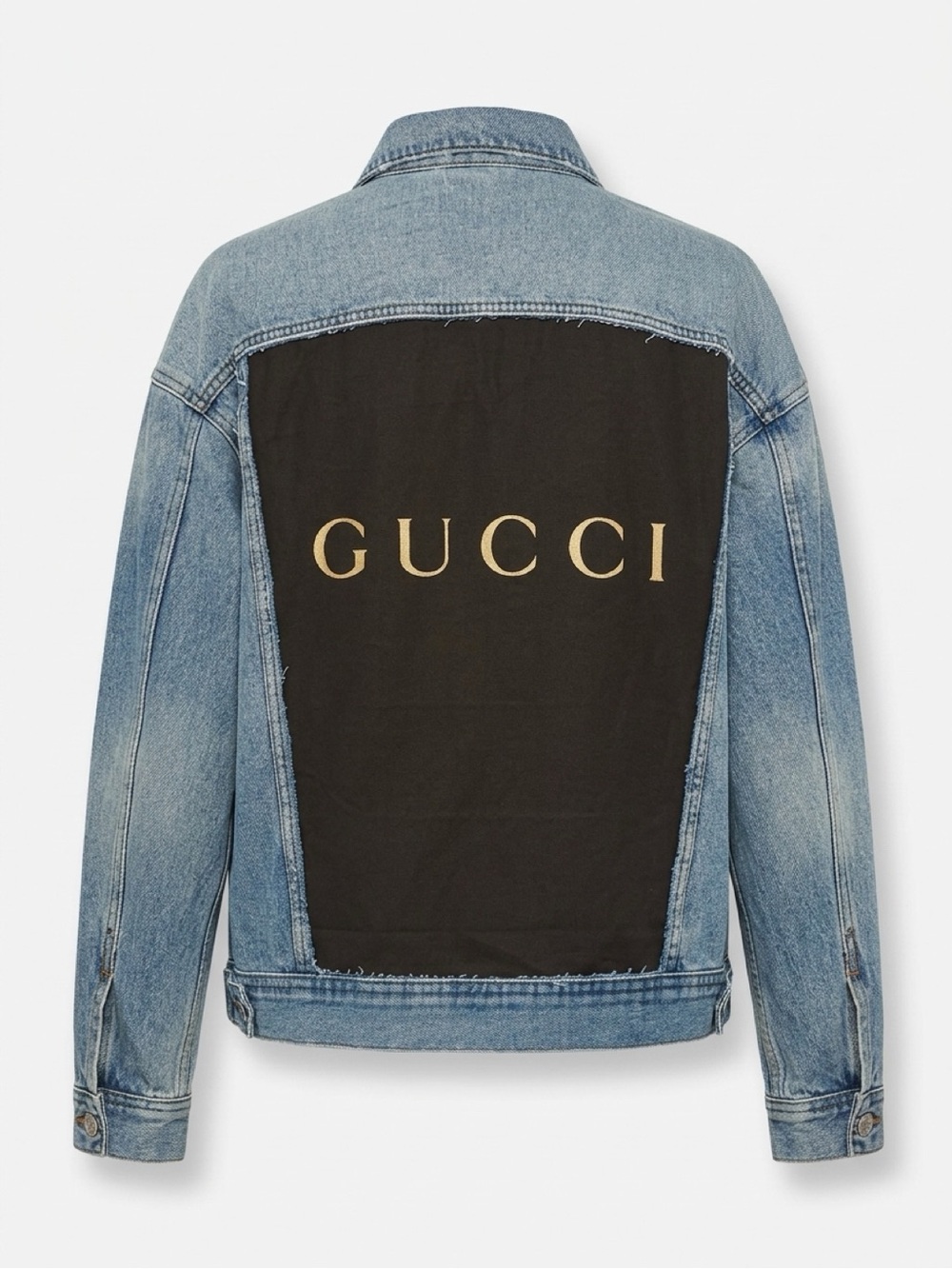 Upcycled Blue Denim Jacket with brown Gucci dust bag on Back Panel L/XL